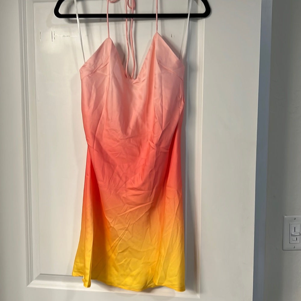 Pink ombré mini satin dress.